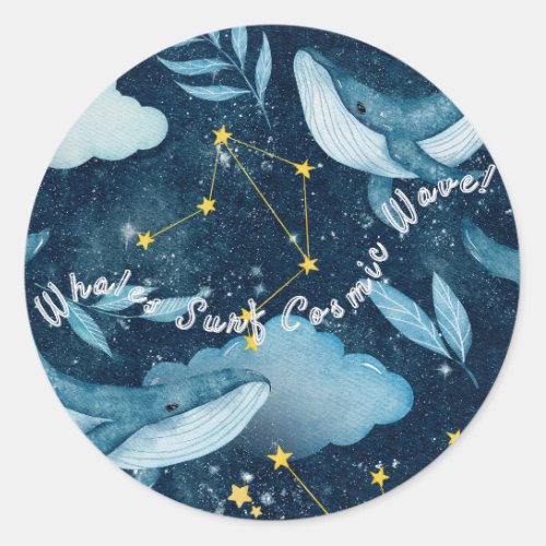 Whales Surf Cosmic Waves Blue Constellation Design Classic Round Sticker