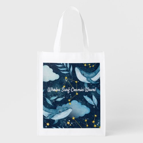Whales Surf Cosmic Waves Blue Constellation Design Grocery Bag