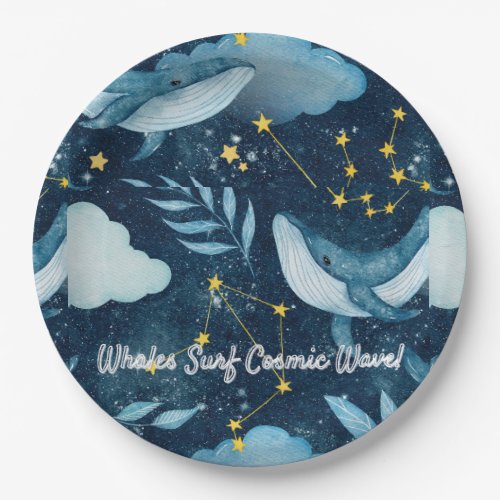 Whales Surf Cosmic Waves Blue Constellation Design Paper Plates
