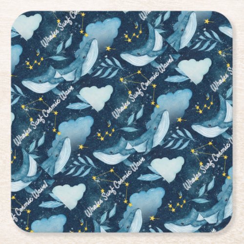 Whales Surf Cosmic Waves Blue Constellation Design Square Paper Coaster