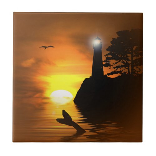 Whales Tail and Lighthouse Art Tile
