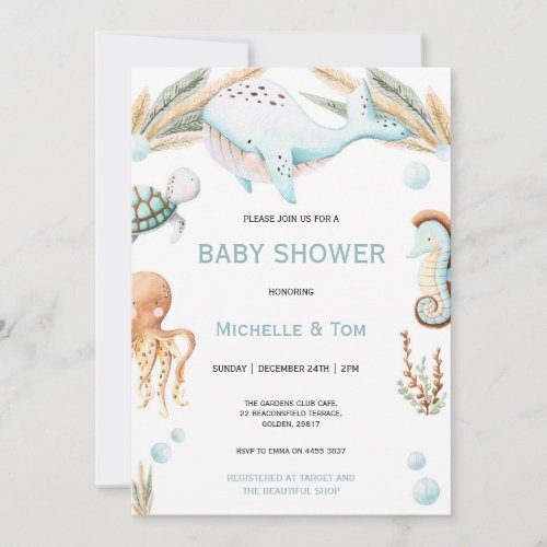 Whales Under the Sea Watercolor Baby Shower Invitation