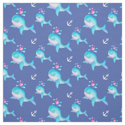 Whales watercolor and anchors art pattern fabric