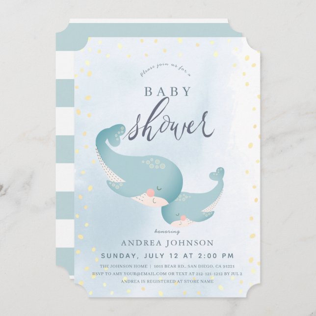Whales Watercolor Blue Boy Baby Shower Invitation (Front/Back)