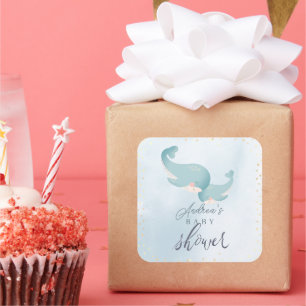 Whales Watercolor Blue Boy Baby Shower Square Sticker