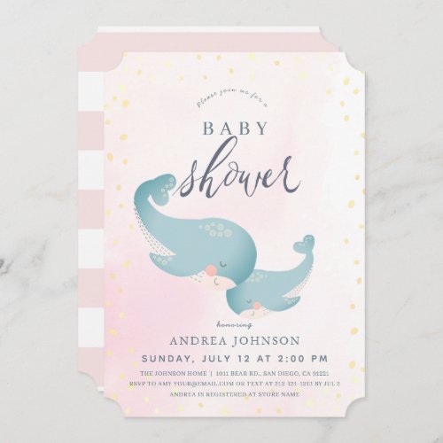 Whales Watercolor Pink Girl Baby Shower Invitation