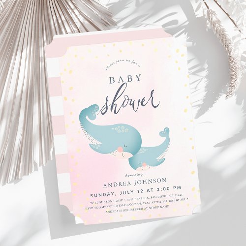 Whales Watercolor Pink Girl Baby Shower Invitation