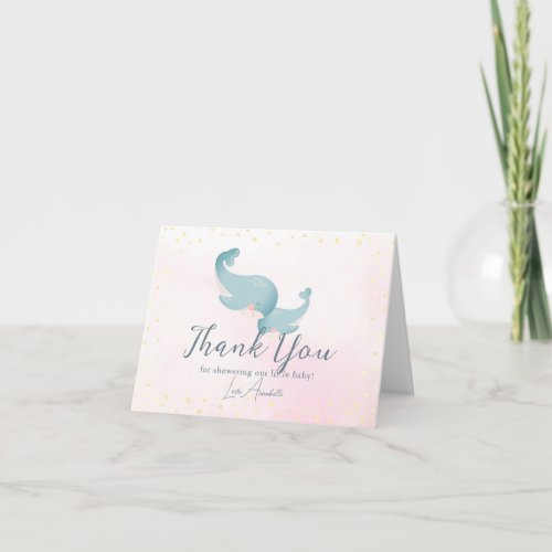 Whales Watercolor Pink Girl Baby Shower Thank You Card