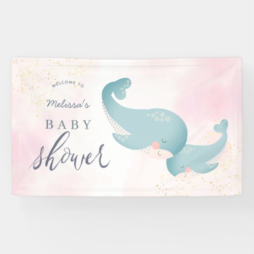 Whales Watercolor Pink Girl Baby Shower Welcome Banner