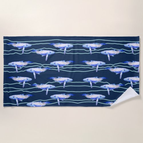Whales Waves  Beach Towel
