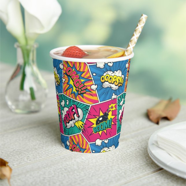 Wham! Bam! - Retro Comic Explosions Pop Art Paper Cups (Insitu)