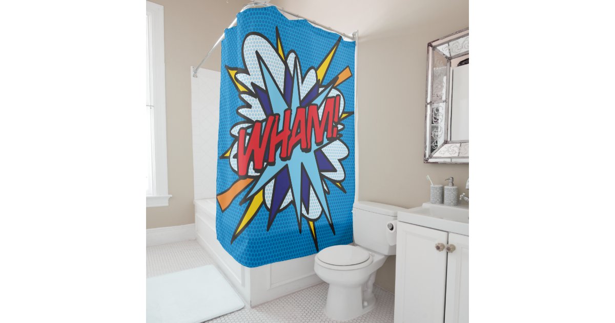 Wham Fun Retro Comic Book Pop Art Shower Curtain Zazzle Com Wham Fun Retro Comic Book Pop Art, Superhero Shower Curtain Uk