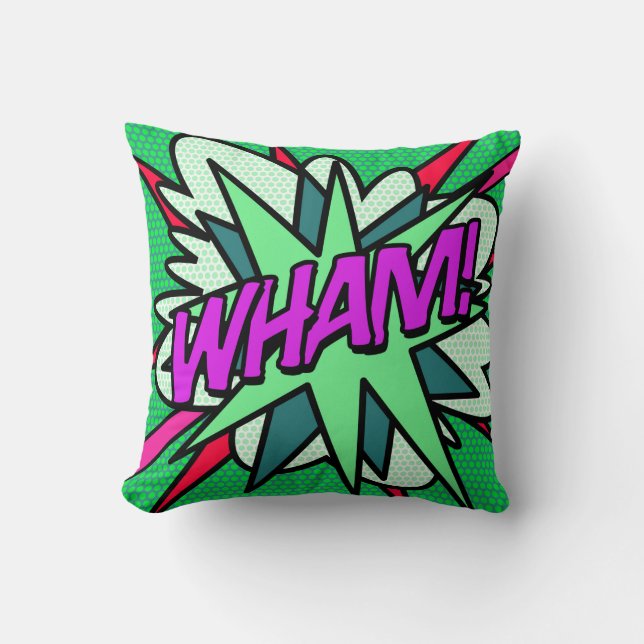 WHAM Modern Cool Fun Comic Book Green Throw Pillow (Front)
