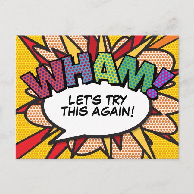 WHAM Postponed Change of Date Comic Book Pop Art Announcement Postcard (Front)