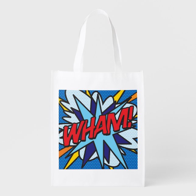 WHAM POW Fun Retro Comic Book Pop Art Grocery Bag (Front)