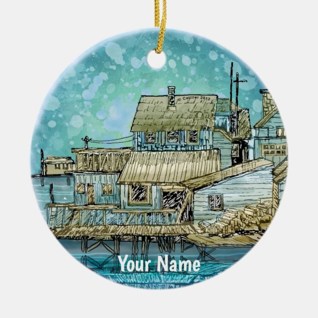 Wharf Scene Ceramic Ornament (Front)