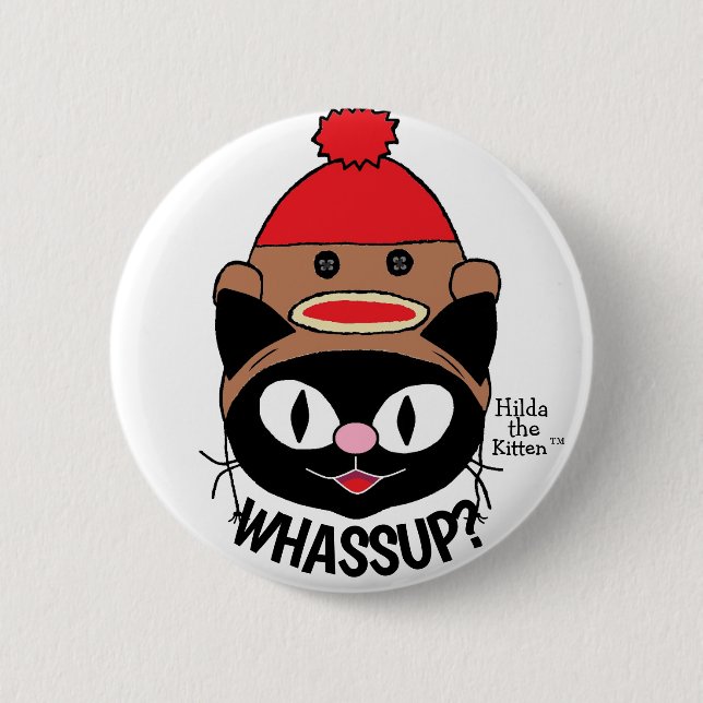WHASSUP? Cartoon Cat w/ Sock Monkey Hat Humorous Button (Front)