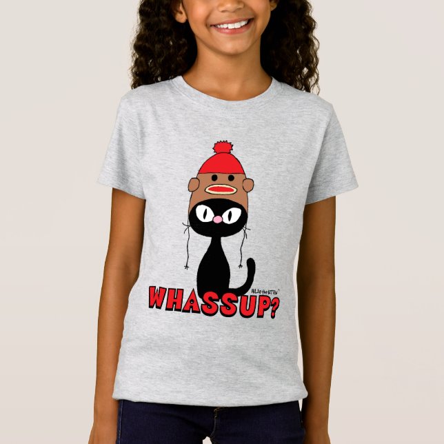 WHASSUP? Cartoon Cat with Sock Monkey Hat Funny T-Shirt (Front)