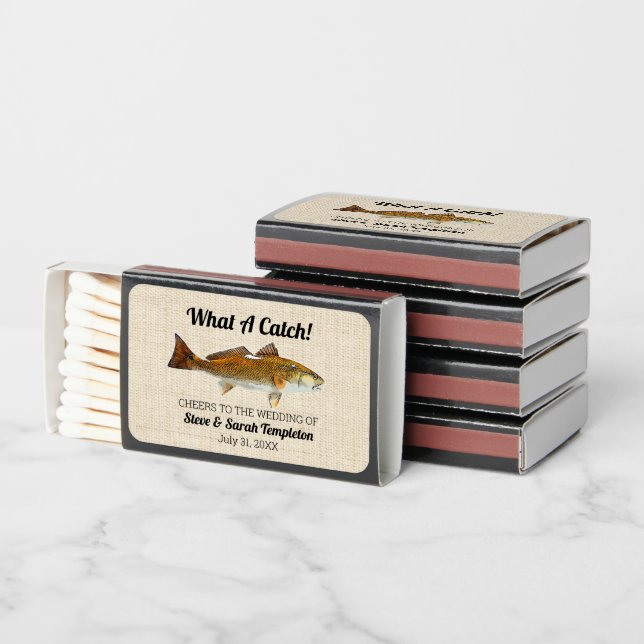 What a Catch Fishing Redfish Wedding Date Favor Matchboxes (Stacked)