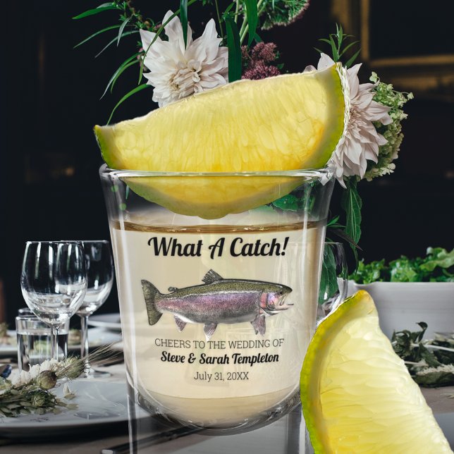 What a Catch Fishing Trout Wedding Date Favor  Shot Glass (Rainbow trout fishing wedding favor shot glasses.)