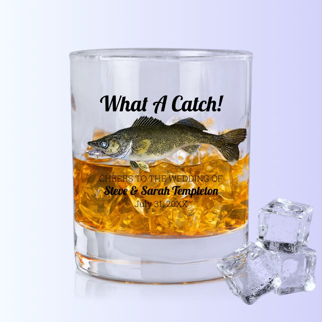 What a Catch Fishing Walleye Wedding Date Favor Whiskey Glass (What a Catch Fishing Wedding Favor Whiskey Glass For The Bride and Groom. )