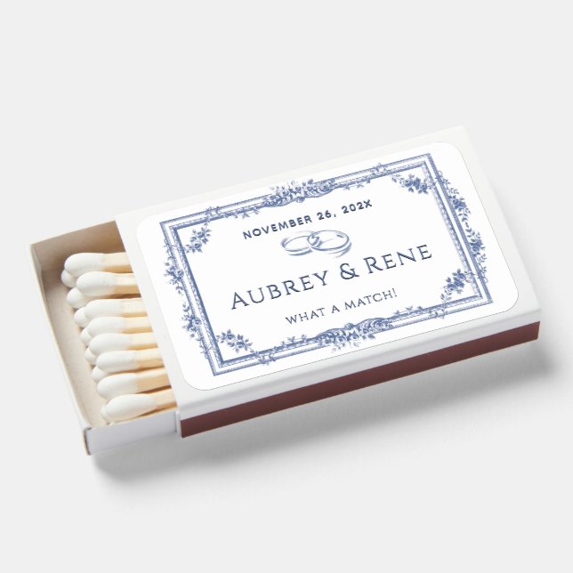 What a Match! Rings Wedding Favor Matchbooks Blue  (Front Open)