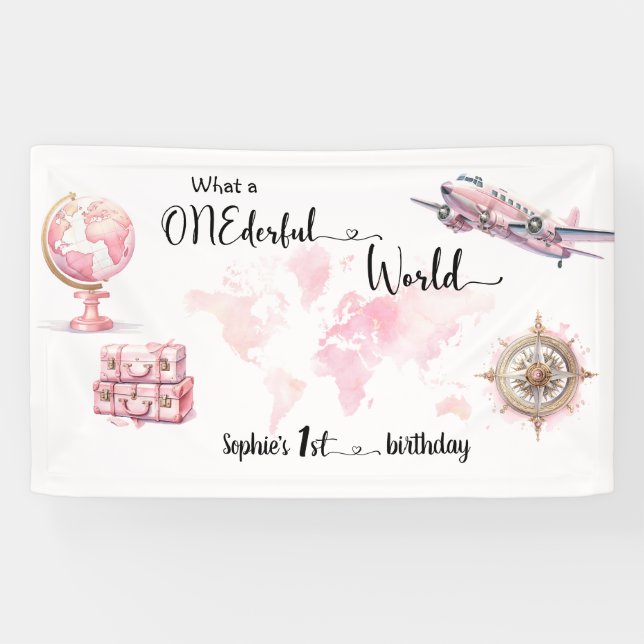 What a ONEderful World Pink 1st birthday Banner (Horizontal)