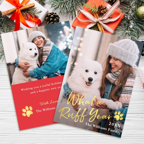 What a Ruff Year Pet Dog Puppy 2 Photo Red Gold Holiday Card