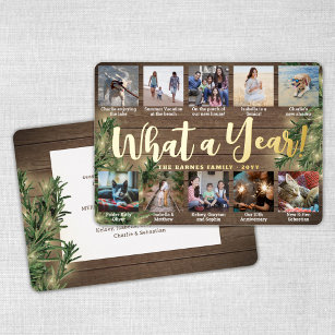 What a Year! 10 Photo Collage Wood, Pine & Lights Foil Holiday Card