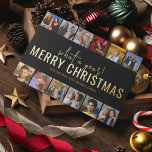 What A Year! 12 Photo Collage | Christmas Foil Holiday Card<br><div class="desc">A modern photo collage christmas card,  featuring 12 of your favorite photographs from the year,  in a photo strip style,  over a black background with a real gold foil template christmas greeting. Font styles and background color can be changed easily by clicking on the customize further link after personalizing.</div>
