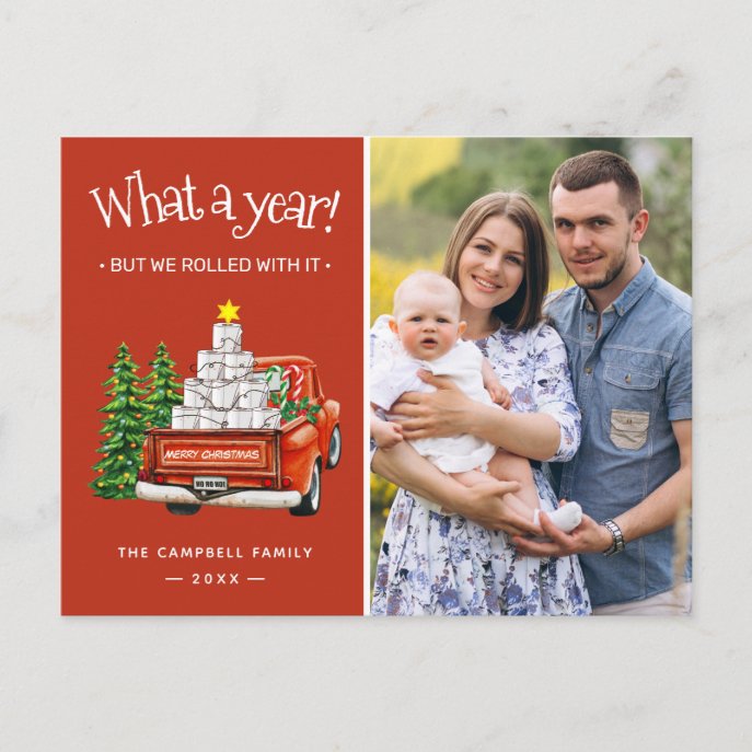 What A Year 2020 Funny Red Christmas Truck Photo Holiday Postcard