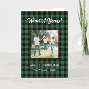 What A Year 2 Photo Christmas Green Buffalo Check Holiday Card