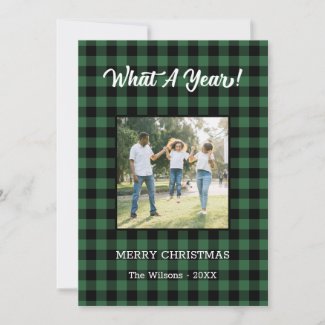 What A Year 2 Photo Christmas Green Buffalo Check Holiday Card