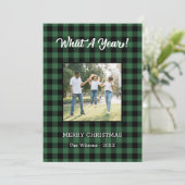 What A Year 2 Photo Christmas Green Buffalo Check Holiday Card (Standing Front)