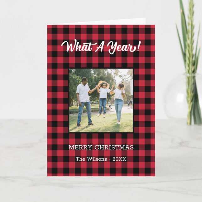 What A Year 2 Photo Christmas Red Buffalo Check Holiday Card (Front)
