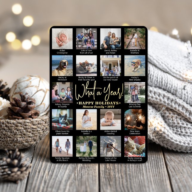 What a Year! Black 18 Photo Collage & Captions Foil Holiday Card (Creator Uploaded)