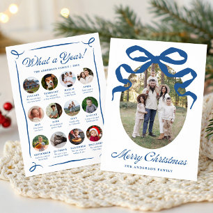 What a Year Blue Bow Year in Review Oval Photo Holiday Card