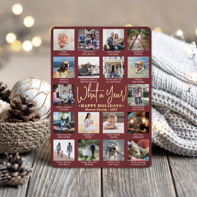 What a Year! Burgundy 18 Photo Collage & Captions Foil Holiday Card (Creator Uploaded)