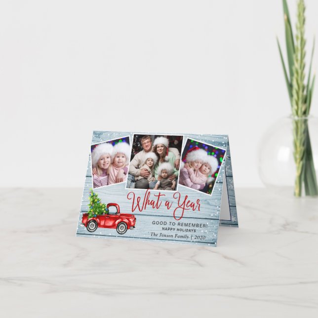 What a Year Christmas Red Farm Truck 3 Photo  Holiday Card (Front)