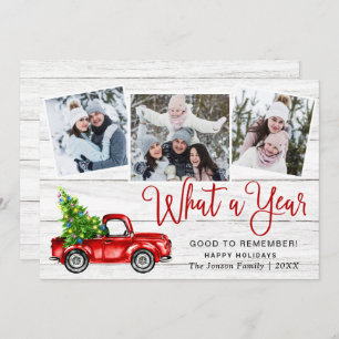 What a Year Christmas Red Farm Truck 3 Photo Holiday Card