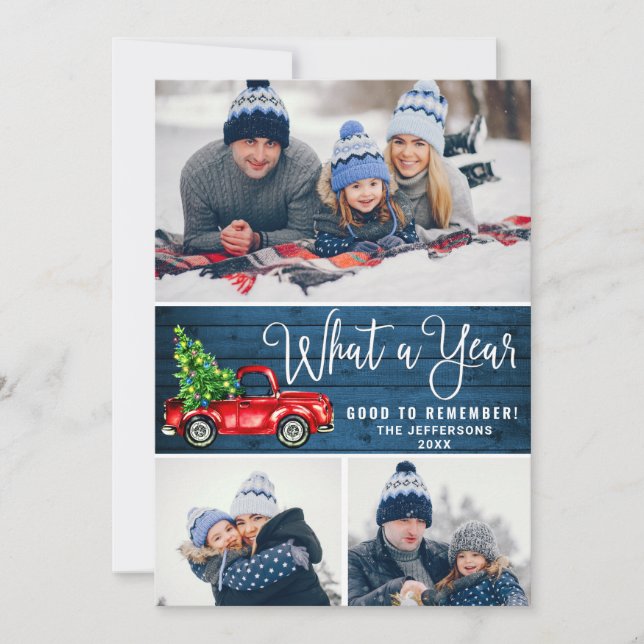 What a Year Christmas Red Farm Truck 3 Photo Holiday Card (Front)