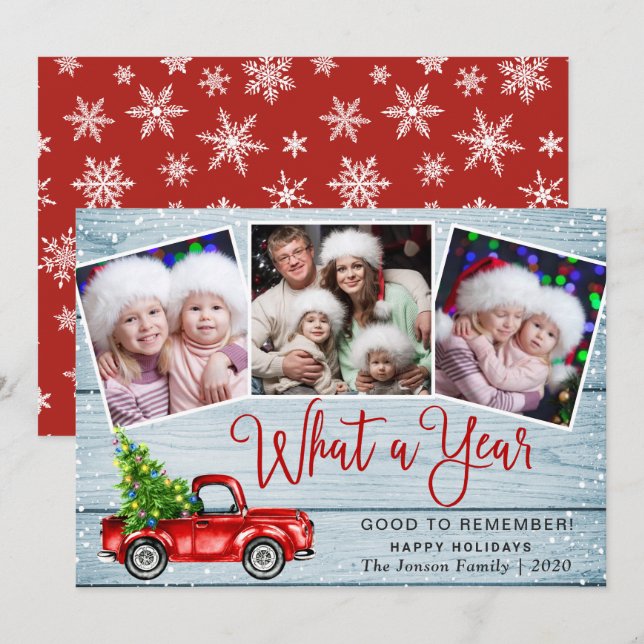 What a Year Christmas Red Farm Truck 3 Photo  Holiday Card (Front/Back)