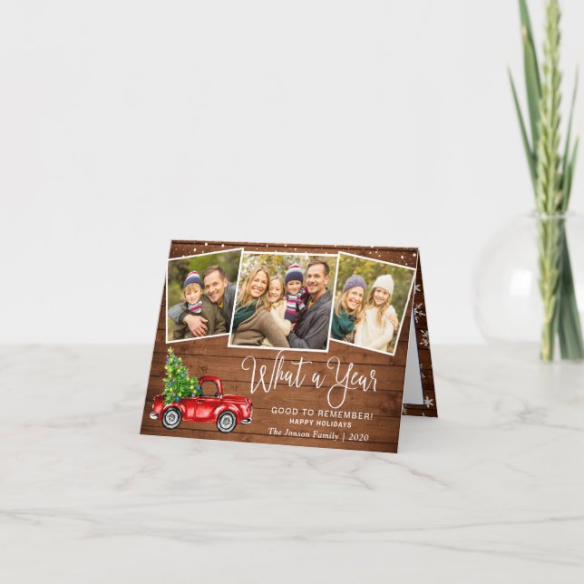 What a Year Christmas Red Farm Truck 3 Photo  Holiday Card (Front)