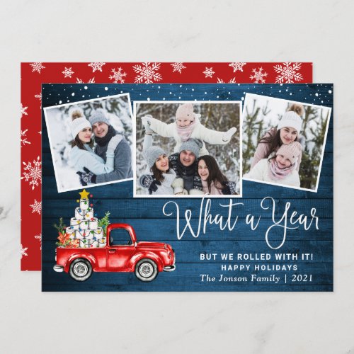 What a Year Christmas Red Farm Truck 3 Photo Holiday Card