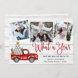What a Year Christmas Red Farm Truck 3 Photo Holiday Card