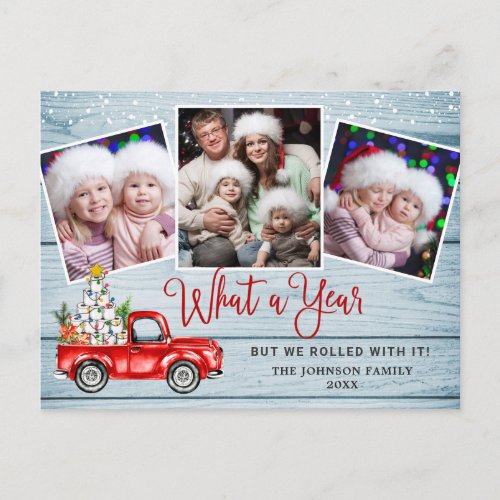 What a Year Christmas Red Farm Truck 3 Photo Postcard