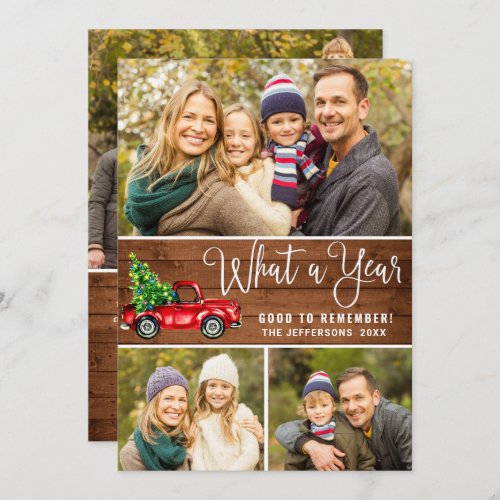 What a Year Christmas Red Farm Truck 4 Photo Boho Holiday Card