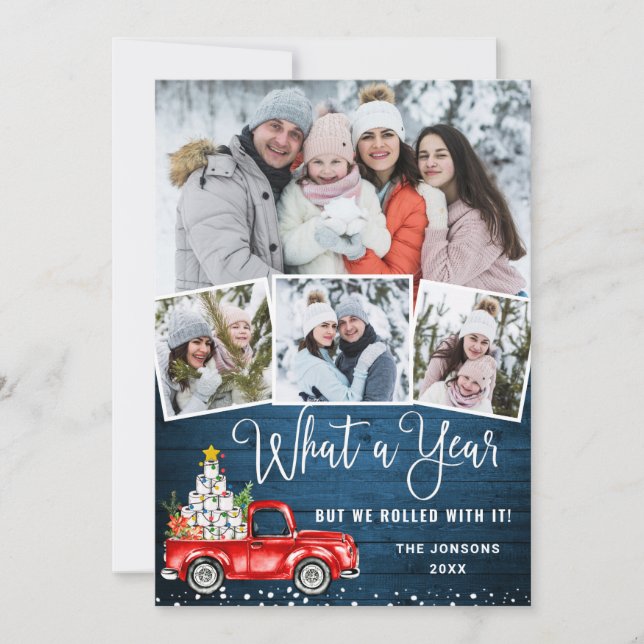 What a Year Christmas Red Farm Truck 4 Photo Holiday Card (Front)