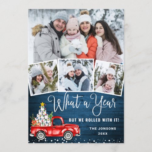 What a Year Christmas Red Farm Truck 4 Photo Holiday Card