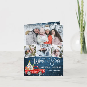 What a Year Christmas Red Farm Truck 4 Photo Holiday Card